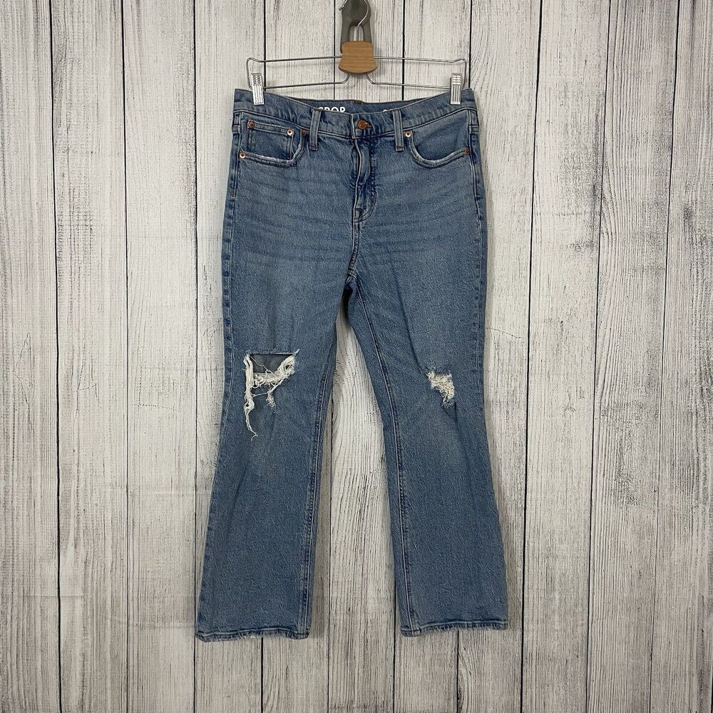 J. Crew Women's Size 29 Blue 9" Demi Boot Crop Light Wash Distressed Denim Jeans - Picture 7 of 8